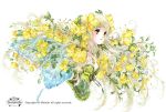  blonde_hair butterfly_wings copyright_notice copyright_request flower hair_flower hair_ornament jewelry leaf long_hair necklace parted_lips shiitake_(gensoudou) solo watermark white_background wings yellow_eyes 