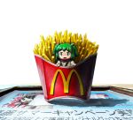  food french_fries futsuu green_eyes green_hair hair_bobbles hair_ornament hakurei_reimu highres kisume long_sleeves looking_at_viewer mcdonald's napkin open_mouth short_hair simple_background solo touhou twintails white_background 