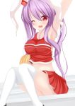  ;d animal_ears arm_up armpits blush breasts bunny_ears cheerleader chimunge highres impossible_clothes impossible_shirt kneehighs midriff open_mouth pom_poms purple_hair rabbit_ears red_eyes reisen_udongein_inaba sitting skirt smile solo touhou white_legwear wink 