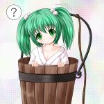  blush breasts bucket cleavage collarbone green_eyes green_hair hair_bobbles hair_ornament in_bucket in_container kisume riku_(rikkuru) rope short_hair smile solo speech_bubble touhou twintails 
