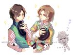  3boys brown_eyes brown_hair cross dress_shirt earrings gremlin_(kamen_rider_wizard) hakuel hat hat_removed headwear_removed hidari_shoutarou jewelry jk_(kamen_rider_fourze) kamen_rider kamen_rider_fourze_(series) kamen_rider_w kamen_rider_wizard_(series) male multiple_boys necktie scarf shirt smile sparkle 