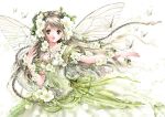  blonde_hair braid butterfly butterfly_wings copyright_request dress fairy floating_hair flower gown green_eyes hair_flower hair_ornament lace long_hair outstretched_arm parted_lips petals shiitake_(gensoudou) solo white_background white_dress wings 