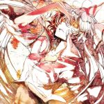  bow breasts cleavage fujiwara_no_mokou glowing glowing_eyes hair_bow long_hair navel neichiru open_mouth puffy_sleeves solo touhou very_long_hair white_hair yellow_eyes 