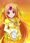  akanex829 bow brooch bubble_skirt choker circlet cure_muse cure_muse_(yellow) dress gradient gradient_background hair_bow heart jewelry long_hair magical_girl orange_background orange_hair pink_eyes precure shirabe_ako skirt smile solo suite_precure very_long_hair yellow_background yellow_dress 