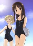  black_hair blonde_hair brown_eyes closed_eyes eyes_closed kickboard long_hair multiple_girls original osamada_meika school_swimsuit short_hair swimsuit 