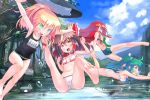  :d aqua_eyes barefoot bikini braid brown_eyes brown_hair competition_swimsuit dive feet forest green_hair hair_tubes hakurei_reimu hat hat_removed headwear_removed highres holding hong_meiling jumping kirisame_marisa kochiya_sanae long_hair multiple_girls name_tag nature one-piece_swimsuit open_mouth outstretched_arms patorishia ponytail red_hair redhead school_swimsuit sky smile soles swimsuit toes touhou twin_braids water witch_hat 