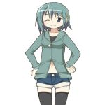  ;d animated animated_gif blue_hair cosplay denim denim_shorts hair_ornament hairclip hangaku hoodie mahou_shoujo_madoka_magica midriff miki_sayaka navel open_mouth sakura_kyouko sakura_kyouko_(cosplay) short_hair shorts smile solo thigh-highs thighhighs transparent_background wink zettai_ryouiki 