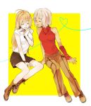  428 ahoge blonde_hair boots canaan canaan_(character) closed_eyes crnksg cross-laced_footwear eyes_closed heart heart_of_string laughing long_hair multiple_girls oosawa_maria shirt short_hair shorts sitting sleeveless sleeveless_shirt smile white_hair white_shirt 