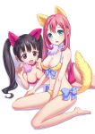  animal_ears aqua_eyes bare_legs bare_shoulders barefoot bikini black_hair blue_eyes breasts choker cleavage fake_animal_ears fake_tail fang fox_ears fox_tail head_tilt highres large_breasts leizhong long_hair lying multiple_girls navel on_side on_stomach open_mouth original pink_hair purple_eyes ribbon simple_background sitting smile strap_gap swimsuit tail twintails violet_eyes wariza white_background 