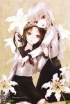  absurdres albino bite_mark blood brown_eyes brown_hair fang flower hair_lift hair_tussle highres hug light_smile lily_(flower) long_hair looking_at_viewer mizunomoto multiple_girls original pink_eyes scan school_uniform serafuku vampire white_hair 