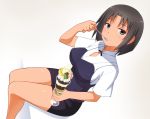  black_eyes black_hair breasts cherry dessert food fruit ice_cream looking_at_viewer parfait shirafuji_kyouko short_hair sitting spoon strawberry sundae umekichi whipped_cream working!! 