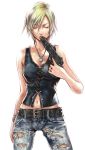  bare_shoulders belt blonde_hair bracelet breasts cleavage closed_eyes eyes_closed gun handgun highres jeans jewelry licking navel necklace official_art parasite_eve parasite_eve_the_3rd_birthday pistol ring short_hair solo square_enix torn_clothes torn_jeans weapon 