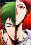  2boys akashi_seijuurou angellnight basketball_uniform column_lineup glasses green_eyes green_hair kuroko_no_basuke midorima_shintarou multiple_boys redhead sportswear yellow_eyes 