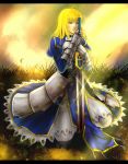  ahoge armor armored_dress blonde_hair dress excalibur fate/zero fate_(series) faulds gauntlets green_eyes hair_down hair_ribbon long_hair planted_sword planted_weapon ribbon saber solo sword weapon yuginin 