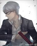  glasses grey_eyes grey_hair katana male narukami_yuu persona persona_4 robinexile school_uniform short_hair solo sword weapon 