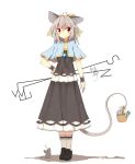  1girl ahoge animal animal_ears basket breasts capelet cleavage dowsing_rod flower fuuen_(akagaminanoka) grey_hair implied_pantyshot mouse mouse_ears mouse_tail nazrin orange_eyes short_hair simple_background solo tail touhou white_background wrist_cuffs 