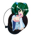  ayuosu blush bucket collarbone green_eyes green_hair hair_bobbles hair_ornament highres in_bucket in_container kisume long_sleeves open_mouth pointing short_hair solo touhou twintails wide_sleeves 