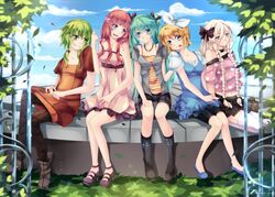  aqua_eyes aqua_hair blonde_hair blue_eyes boots casual flower green_eyes green_hair gumi hair_flower hair_ornament hair_ribbon hairclip hatsune_miku ia ia_(vocaloid) kagamine_rin long_hair megurine_luka multiple_girls open_mouth pantyhose ribbon short_hair sitting skirt smile squadra twintails vocaloid 