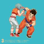  1girl black_hair blue_background blue_hair bulma directional_arrow dragon_ball dragon_ball_z dragonball_z midriff origami_(red) short_hair socks wince wink wrist_grab wristband yamcha 