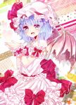  ascot bat_wings blue_eyes blue_hair blush bow frills gingetsu_ringo hat hat_ribbon highres jewelry open_mouth puffy_sleeves remilia_scarlet ribbon short_hair short_sleeves solo touhou wings wrist_cuffs 