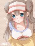  blue_eyes blush breasts brown_hair character_name double_bun heart hiro_(hirohiro31) long_hair mei_(pokemon) pokemon pokemon_(game) pokemon_bw2 raglan_sleeves skirt solo twintails visor_cap 