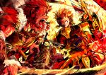  armor beard blonde_hair blood ea_(fate/stay_night) earrings facial_hair fate/zero fate_(series) fighting gate_of_babylon gilgamesh jewelry male multiple_boys red_eyes red_hair redhead rider_(fate/zero) stabbing toriko_(artist) 