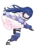  barefoot_sandals blue_eyes blue_hair fighting_stance fishnets forehead_protector foreshortening grimace highres hoodie hyuuga_hinata konohagakure_symbol long_hair mochi_suki naruto naruto_shippuuden ninja sandals solo 