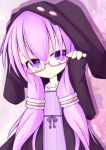  bespectacled collarbone dress glasses hoodie miiya_(kuroi_hako) parted_lips purple_eyes purple_hair solo violet_eyes vocaloid yuzuki_yukari 