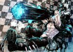  black_rock_shooter blue_fire cannon checkered checkered_background fire gun helmet hokuto_no_ken jagi koshiro_itsuki male mask muscle open_clothes open_shirt parody scar solo spikes vest weapon 