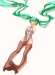 boots elbow_gloves floating_hair gloves green_eyes green_hair hatsune_miku highres leotard long_hair pigeon-toed simple_background solo thigh-highs thigh_boots thighhighs torminal twintails very_long_hair vocaloid wink 