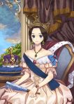  bare_shoulders blue_eyes briska brown_hair chair collarbone crown dress earrings holding jewelry looking_at_viewer original queen real_life_insert short_hair sitting smile solo 