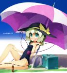  alternate_costume aqua_eyes ball blush bow closed_eyes eyes_closed green_hair hat hat_bow heart heart-shaped_pupils komeiji_koishi lotion off_shoulder one-piece_swimsuit open_mouth short_hair solo sorrau swimsuit symbol-shaped_pupils third_eye touhou umbrella 