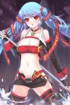  belt black_legwear blue_hair blush breasts choker cleavage deeple elbow_gloves gloves holding large_breasts long_hair lowres luthica_preventer midriff navel open_mouth red_eyes shiny shiny_skin shorts sword_girls thighhighs twintails wrist_cuffs 