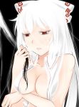 aoshima bare_shoulders bow breast_lift breasts cleavage fujiwara_no_mokou hair_bow highres long_hair no_bra open_clothes red_eyes solo touhou very_long_hair white_hair 