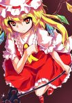 1girl alphes_(style) ascot blonde_hair blouse eyebrows_visible_through_hair flandre_scarlet hat laevatein long_hair mary_janes neo1031 parody puffy_sleeves red_eyes shoes short_sleeves side_ponytail simple_background skirt skirt_set smile solo style_parody touhou wings