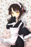  alternate_costume apron bittersweet_(dalcoms) blush brown_hair covering_mouth enmaided flower hands_in_sleeves japanese_clothes kimono lolita_fashion lowres maid maid_headdress mole short_hair sita_vilosa sleeves_past_wrists solo sword_girls wa_lolita yellow_eyes 