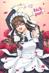  arm_up blush bow brittany_scarborough brown-framed_glasses brown_hair chief_maid clenched_hand closed_eyes english eyes_closed flower glasses grin holding long_hair lowres maid maid_headdress open_mouth petals ribbon rose smile sword_girls 