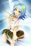  angel_wings black_legwear blue_eyes blue_hair ddongu gart hair_ornament hairpin hand_on_hip hips impossible_clothes kneehighs leg_up lowres open_mouth outstretched_arm plaid plaid_skirt pleated_skirt ribbon school_uniform short_hair skirt smile standing sword_girls wings 