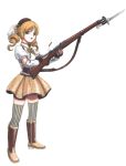  bayonet bolt_action boots casing_ejection drill_hair fingerless_gloves gloves gun highres k31 mahou_shoujo_madoka_magica schmidt-rubin shell_casing simple_background sling standing thigh-highs thighhighs tomoe_mami traditional_media weapon white_background 