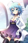  black_legwear blue_eyes blue_hair blush breasts choker cleavage collarbone cross dress earrings frilled_dress frills frown gart gloves hair_ornament hairpin jacket jewelry lowres mauve necklace pleated_dress short_hair skindentation star sword_girls thigh-highs thighhighs 