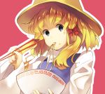  blonde_hair blue_eyes chopsticks eating food hat looking_at_viewer moriya_suwako noodles ramen ribbon solo touhou weee_(raemz) 