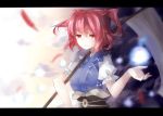  blush breasts hair_bobbles hair_ornament hitodama japanese_clothes onozuka_komachi red_(girllove) red_eyes red_hair redhead scythe short_hair smile solo touhou twintails 