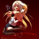  2n_on 428 blonde_hair canaan canaan_(character) gun hug kneeling long_hair multiple_girls oosawa_maria outstretched_arm protect protecting red_background red_eyes revolver short_hair title_drop weapon white_hair yellow_eyes 