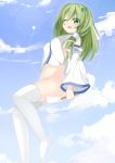  blush bottomless breasts chimunge cloud clouds detached_sleeves frog_hair_ornament green_eyes green_hair hair_ornament highres kochiya_sanae lens_flare long_hair navel no_panties open_mouth puffy_sleeves sideboob sky solo thigh-highs thighhighs touhou white_legwear wink 