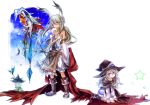  belt blue_eyes boots cloak cloud clouds copyright_request crystal detachable_sleeves detached_sleeves feathers fujiwara_akina grey_hair hat highres lamp long_hair long_sleeves pointy_ears purple_eyes skirt sky staff star violet_eyes white_background white_hair witch_hat 