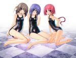  barefoot blue_hair blush braid breasts brown_hair checkered checkered_floor feet hair_ornament highres long_hair multiple_girls one-piece_swimsuit open_mouth pink_hair sakuya_tsuitachi school_swimsuit shiny shiny_clothes short_hair smile sukumizu_tabehoudai swimsuit wet 