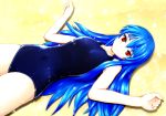  1girl blue_hair hinanawi_tenshi long_hair mjyona red_eyes smile solo swimsuit touhou 