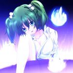  adult blue_eyes blue_fire breasts bucket cleavage collarbone fire green_hair hair_bobbles hair_ornament in_bucket in_container kisume kotaroukuroo open_mouth short_hair solo touhou twintails 