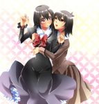  2girls aomushi_(aomusi772) black_hair dress hands_up hug hug_from_behind multiple_girls open_mouth original purple_eyes ribbon short_hair siblings twins violet_eyes yellow_eyes yuri 