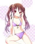  bikini blush breasts brown_hair hair_ribbon himekaidou_hatate imo_(ryokyou) long_hair looking_at_viewer navel purple_bikini red-yes red_eyes ribbon solo swimsuit touhou twintails 